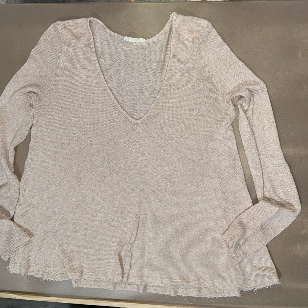 Lush Knit Sheer Top Women Medium Light Pink Long Sleeve Frayed Hem